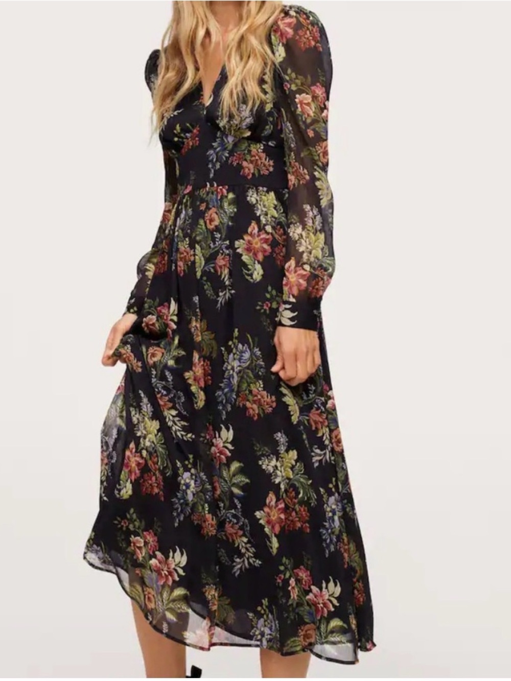 Mango Black Floral Long Sleeve Midi Dress